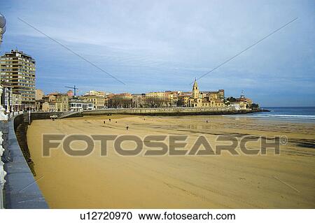 Spain, Asturias, Gijon, City, Town, Beach, Sand View Large Photo Image Stock Image - Spain, Asturias, Gijon, City, Town, Beach, Sand. Fotosearch
