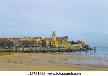 Spain, Asturias, Gijon, City, Town, Beach, Sand View Large Photo Image Stock Image - Spain, Asturias, Gijon, City, Town, Beach, Sand. Fotosearch