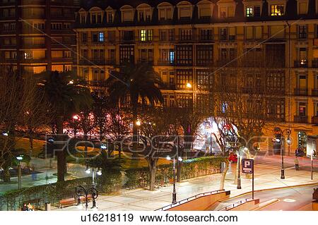 Stock Photo - Spain, Asturias, Gijon, City, Town, Street, Streetlight. Fotosearch