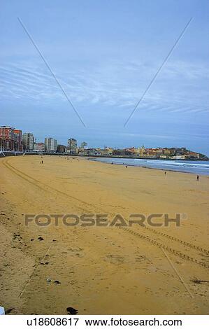 Stock Photo - Spain, Asturias, Gijon, City, Town, Beach, Sand. Fotosearch