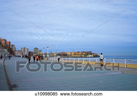 Spain, Asturias, Gijon, City, Town, Beach, Seaside View Large Photo Image Stock Photography - Spain, Asturias, Gijon, City, Town, Beach, Seaside. Fotosearch