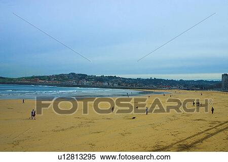 Stock Photography - Spain, Asturias, Gijon, City, Town, Beach, Sand. Fotosearch