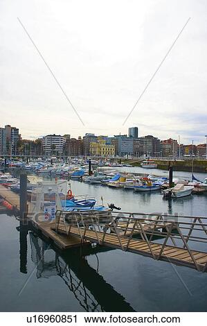 Stock Image - Spain, Asturias, Gijon, Port, Harbour, Boat, Boats. Fotosearch
