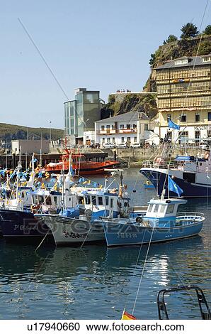 Stock Image - Spain, Asturias, Luarca, Sea, Port, Harbour, Boat. Fotosearch