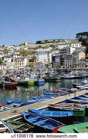 Stock Photo - Spain, Asturias, Luarca, Sea, Port, Harbour, Boat. Fotosearch