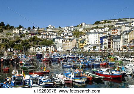 Stock Photo - Spain, Asturias, Luarca, Sea, Port, Harbour, Boat. Fotosearch