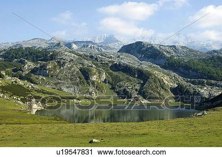 Stock Image - Spain, Asturias, Nature, Landscape, Mountain, Mountains, Lake. Fotosearch