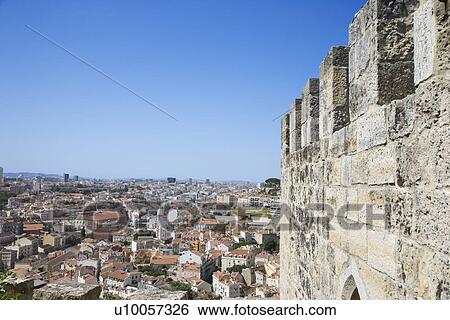 Stock Photograph - Aerial view of town from castle structure in Lisbon, Portugal.. Fotosearch