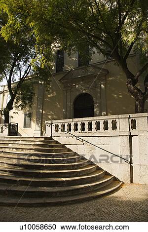Stock Image - Steps leading up to building in Lisbon, Portugal.. Fotosearch