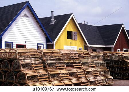 Stock Photo - Trocadie Bay-lobster pots, fishing huts. Fotosearch