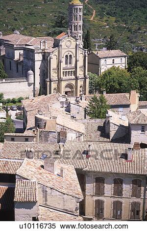 Stock Photography - Uzs - rooftop view of church and Tour Fenestrelle. Fotosearch