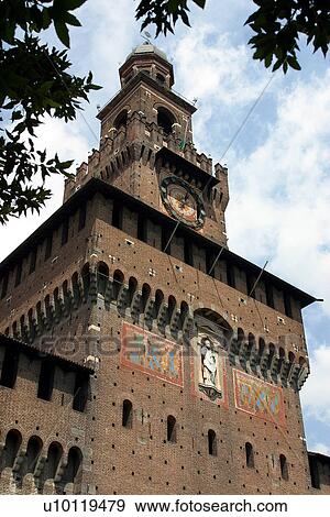 Stock Photo - Castello Sforzesca- detail Clock Tower. Fotosearch