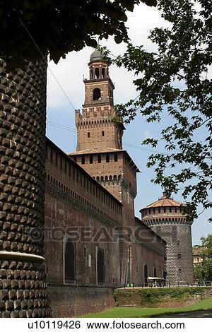 Stock Photograph - Castello Sforzesca- detail Clock Tower and Wall. Fotosearch