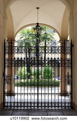 Fashion District-wrought-iron gate, courtyard View Large Photo Image Stock Image - Fashion District-wrought-iron gate, courtyard. Fotosearch