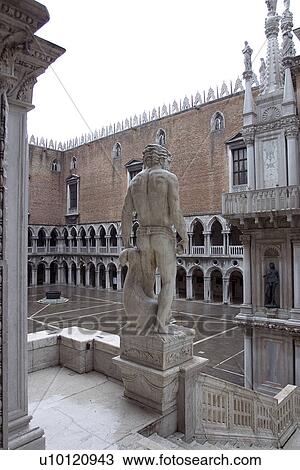 Colonnade of inside courtyard of Doges Palace in rain with Giant at top of Giants Staircase View Large Photo Image Stock Image - Colonnade of inside courtyard of Doges Palace in rain with Giant at top of Giants Staircase. Fotosearch