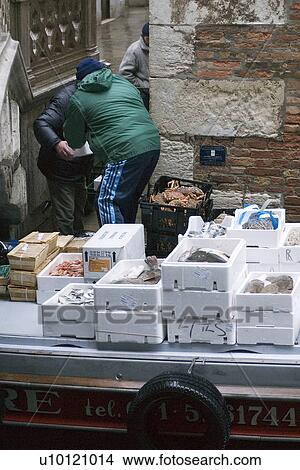 Picture - Men offloading fish for market from a barge moored next to bridge in morning rain. Fotosearch