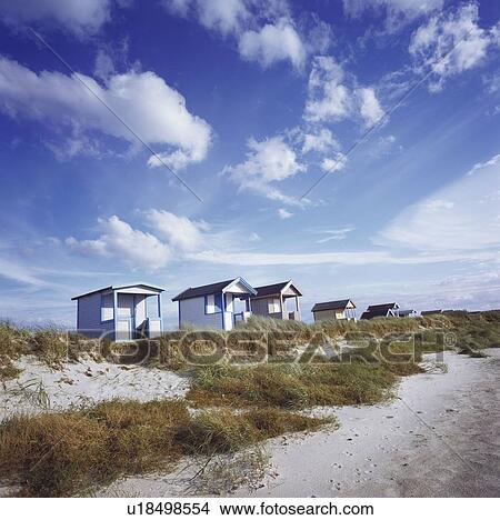 Picture - A row of changing houses near a beach in Sweden.. Fotosearch
