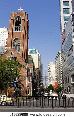 Stock Photo - China, Shanghai, Church and shopping mall. Fotosearch