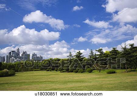 Stock Image - China, Shanghai, lawn and trees far from modern high-rise buildings. Fotosearch