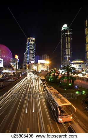 China, Shanghai, traffic on Xujiahui at night View Large Photo Image Stock Photo - China, Shanghai, traffic on Xujiahui at night. Fotosearch
