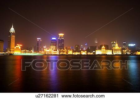China, Shanghai, View of Puxi and river Huangpu from bund, night View Large Photo Image Stock Image - China, Shanghai, View of Puxi and river Huangpu from bund, night. Fotosearch