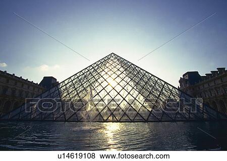 Stock Photo - Image of the Louvre Under a Blue Sky, a Fountain in the Foreground, Front View, Paris, France. Fotosearch