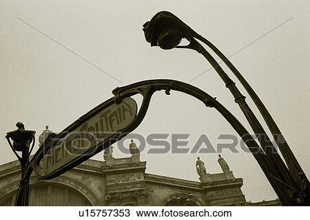 Stock Image - Closed Up Image of a Signboard of a Subway Station, Low Angle View, Side View, Paris, France. Fotosearch