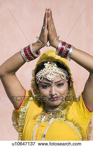 Stock Photo - Portrait of a female performer dancing, Elephant Festival, Jaipur, Rajasthan, India. Fotosearch