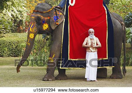 Picture - Priest standing in a prayer position beside an elephant. Fotosearch