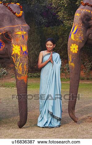 Stock Photo - Young woman greeting in front of two elephants. Fotosearch