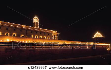 Stock Photo - Building lit up at night, Rashtrapati Bhavan, New Delhi, India. Fotosearch