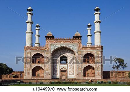 Stock Image - Facade of a mausoleum, Akbar's Mausoleum, Sikandra, Agra, Uttar Pradesh, India. Fotosearch
