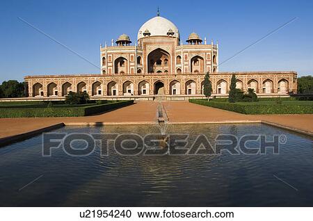 Stock Image - Pond in front of a tomb, Humayun Tomb, New Delhi, India. Fotosearch