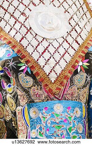Stock Image - Close-up of head of a decorated elephants, Jaipur, Rajasthan, India. Fotosearch