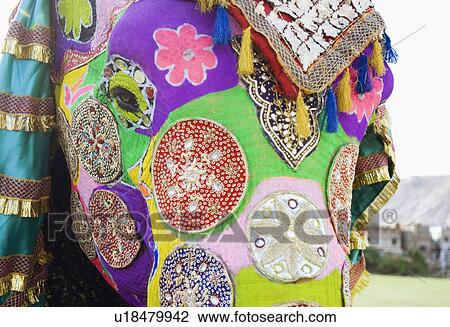 Stock Image - Close-up of the head of a painted elephant, Elephant Festival, Jaipur, Rajasthan, India. Fotosearch