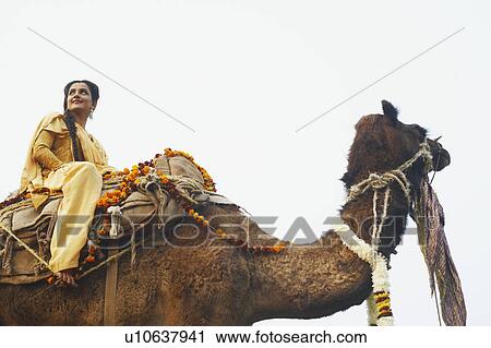 Stock Image - Low angle view of a young woman riding a camel. Fotosearch