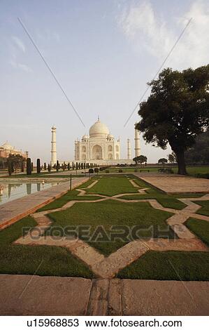Stock Image - Garden in front of a mausoleum, Taj Mahal, Agra, Uttar Pradesh, India. Fotosearch