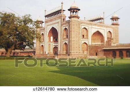 Stock Image - Garden in front of a mosque, Taj Mahal, Agra, Uttar Pradesh, India. Fotosearch