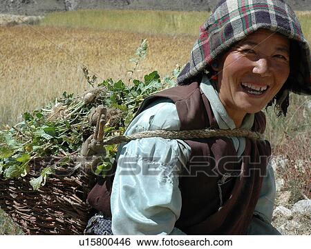 Stock Photograph - View of a woman carrying leaves in basket.. Fotosearch