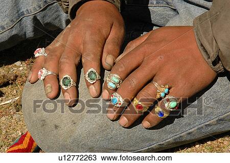 Stock Image - View of finger rings on a man’s hand.. Fotosearch