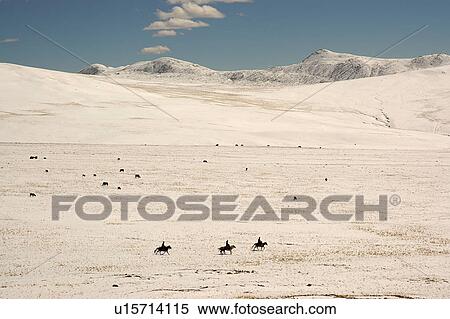 Stock Photography - View of three people riding on animals.. Fotosearch