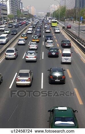 Picture - China, Beijing, Heave traffic on road. Fotosearch