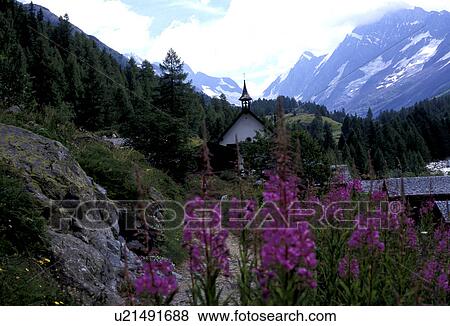 Stock Photo - church, Alps, canton, CAN clay/tone, Bernhard, alps. Fotosearch