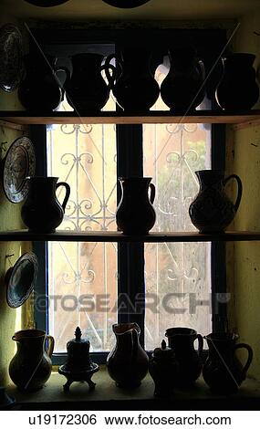 Pottery displayed in window View Large Photo Image Stock Photograph - Pottery displayed in window. Fotosearch