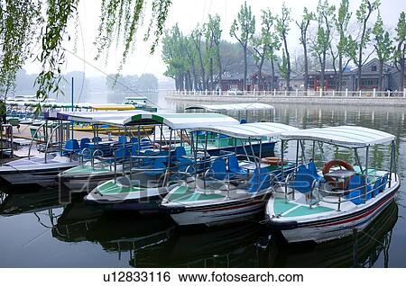 Stock Photograph - Boats on a river in Beijing, China. Fotosearch
