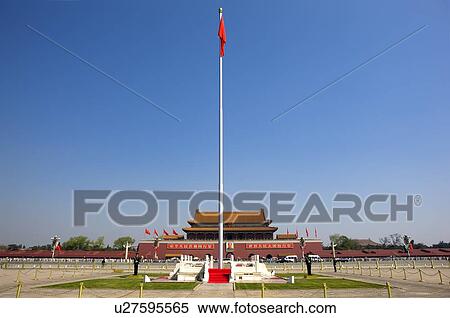 Stock Photography - Flag fluttering in front of Tiananmen Square. Fotosearch
