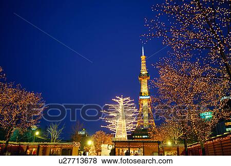 Stock Photo - Illuminated Sapporo TV Tower, Hokkaido, Japan. Fotosearch