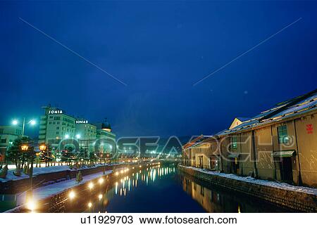 Stock Image - Otaru Canal at night, Hokkaido, Japan. Fotosearch