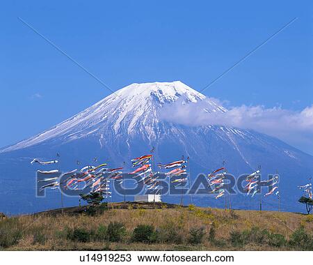 Stock Image - Colorful windsocks in front of Mt Fuji, Shizuoka, Japan. Fotosearch