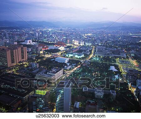 Stock Image - Cityscape at night, Taipei, Taiwan. Fotosearch